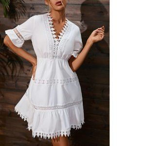 New SHEIN Women's Size 4 White Guipure Lace Flounce Sleeve Ruffle Hem Dress S